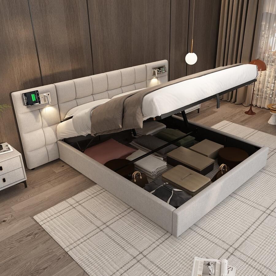 Singularity -Gestoffeerd bed 180 x 200 cm- hydraulisch bed- met USB-poort & draadloos opladen & verlichte lamp- met opbergruimte- linnen- grijs- zonder matras