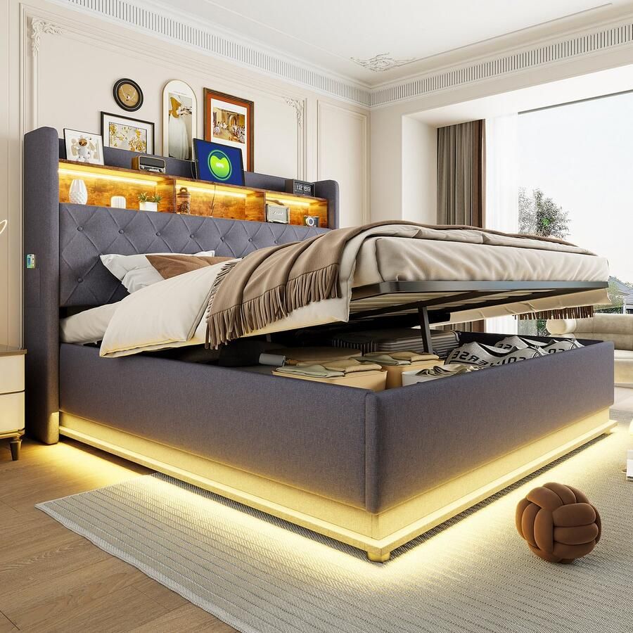 Singularity -Gestoffeerd bed 180 x 200 cm- opbergbed met USB-oplaadaansluiting en hydraulische opbergruimte- huidvriendelijke linnen stof- grijs- zonder matras