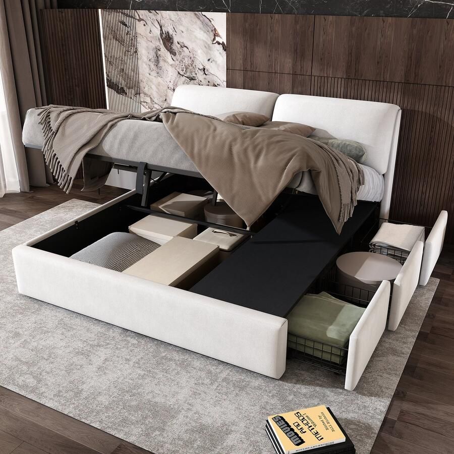 Singularity -Gestoffeerd bed- 180 x 200- hydraulisch bed- drie laden- lattenbodem met hoofdbord- zonder matras- fluweel- beige