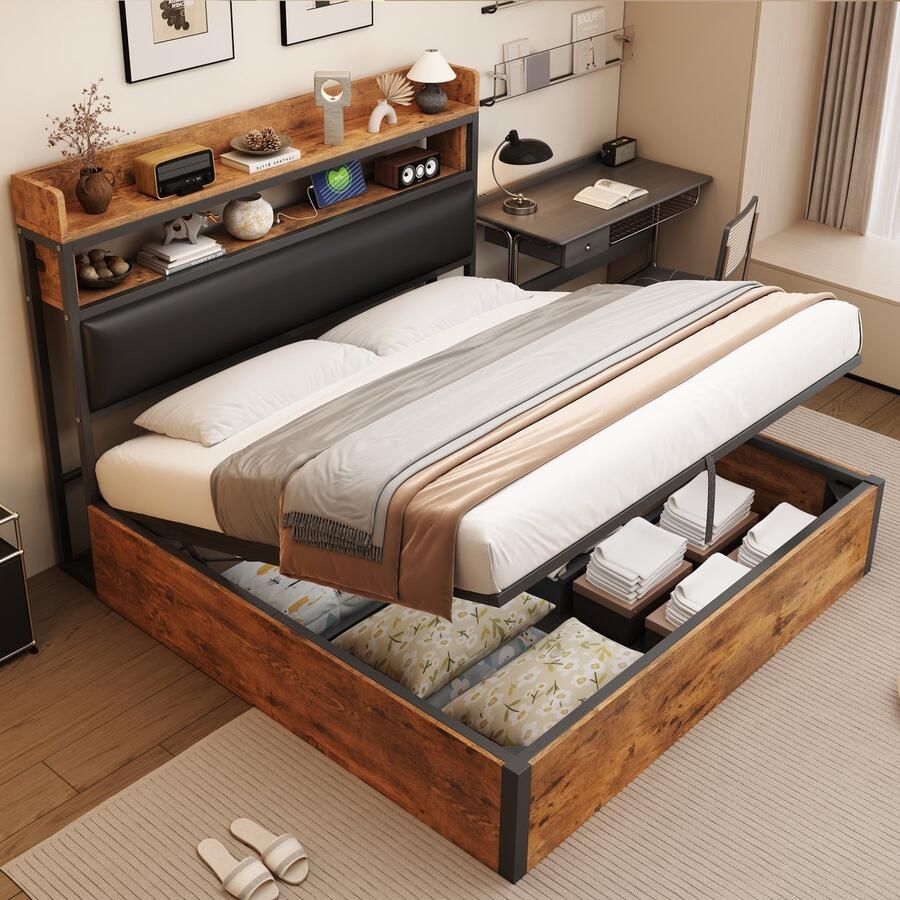 Singularity -Gestoffeerd bed 180 x 200 met hydraulische hefinrichting- USB- gestoffeerd hoofdeinde- vintage design in hout en metaal- wit- zonder matras