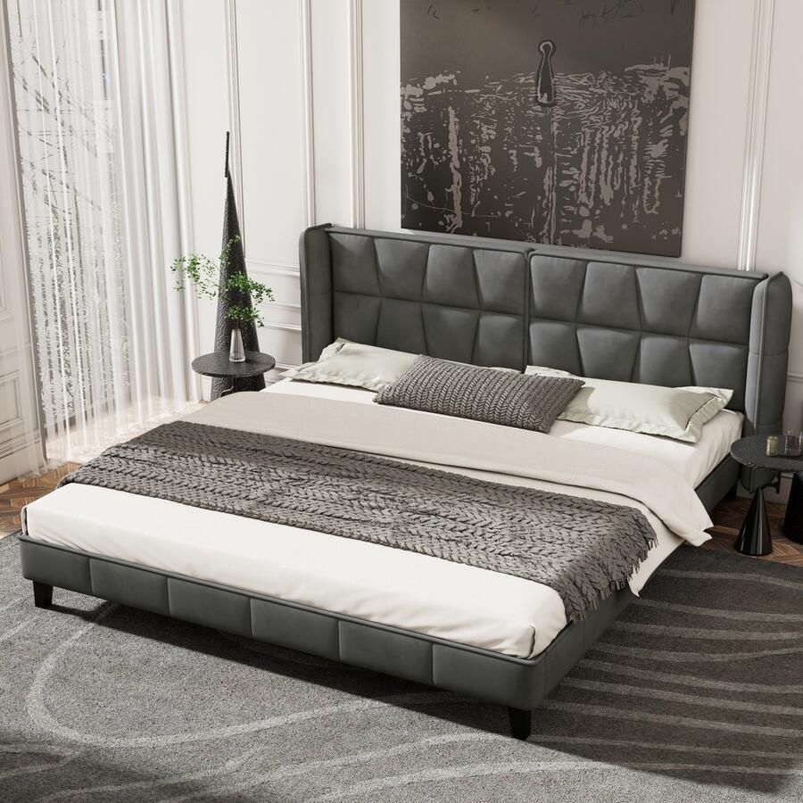 Merax Gestoffeerd bed 180 x 200 cm jeugdbed Tweepersoonsbed houten lattenbodem Zonder matras Grijs