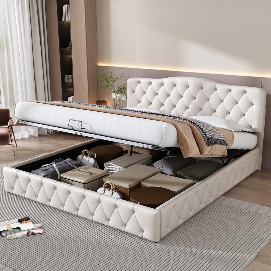 Merax 180 x 200 cm Gestoffeerd bed Tweepersoonsbed Opbergbed met opbergruimte Verstelbaar hoofdeinde Zonder matras Wit