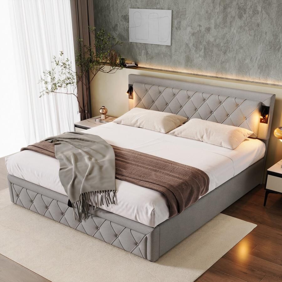 Singularity -Gestoffeerd bed 180 x 200- met lattenbodem en hoofdbord met ruitmotief- opbergbed- tweepersoonsbed- houten lattenbodem- linnen- grijs- zonder matras