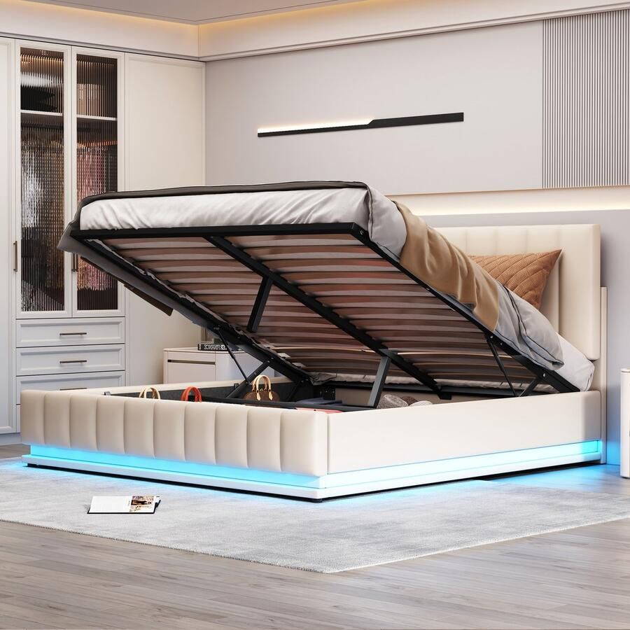 Singularity -Gestoffeerd bed 180x200 cm met ledverlichting & hydraulisch opklapbare bedkast- bedstee & lattenbodem- tweepersoonsbed- grijs- zonder matras