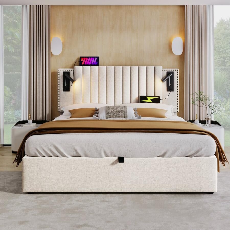 Singularity -Gestoffeerd bed 180x200 cm- tweepersoonsbed- leeslamp met USB-hoofdeinde- rugleuning met klinknageldesign- beige- zonder matras