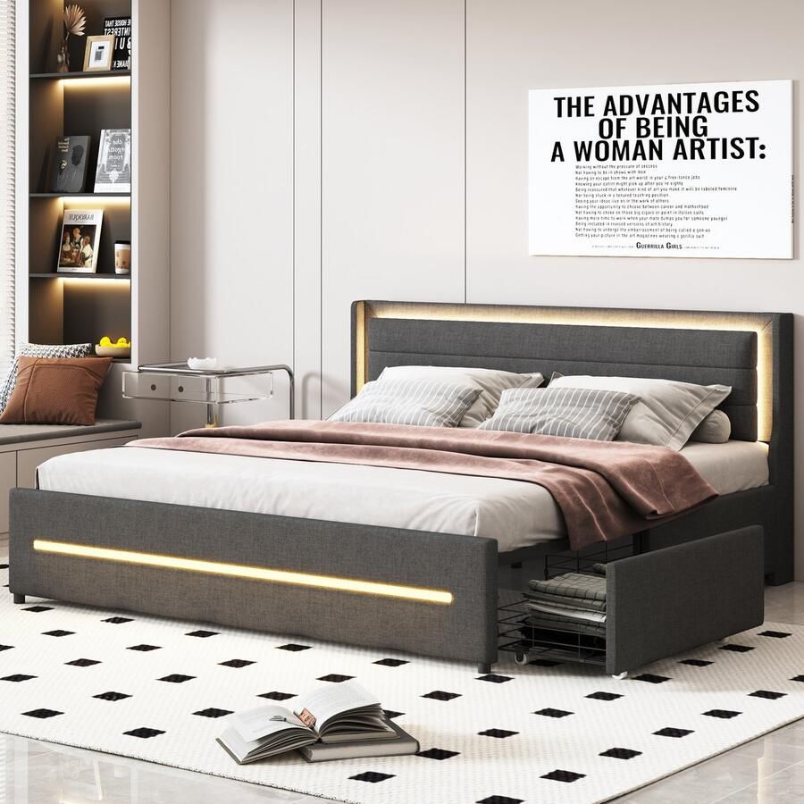 Singularity -Gestoffeerd bed 180x200 met ledverlichting- met vier opbergvakken- linnen stof- tweepersoonsbed met lattenbodem- grijs- zonder matras