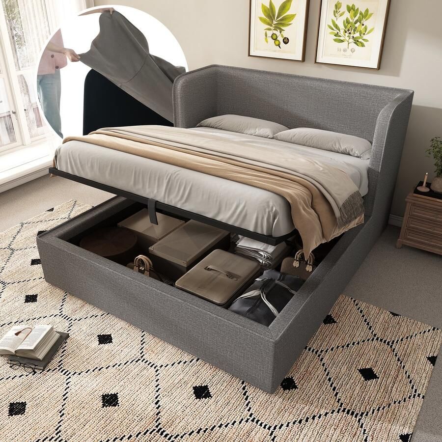 Merax Gestoffeerd bed tweepersoonsbed 180x200 cm met opbergruimte zwart frame brede zijsteunen en grijze afneembare lakenhoes zonder matras