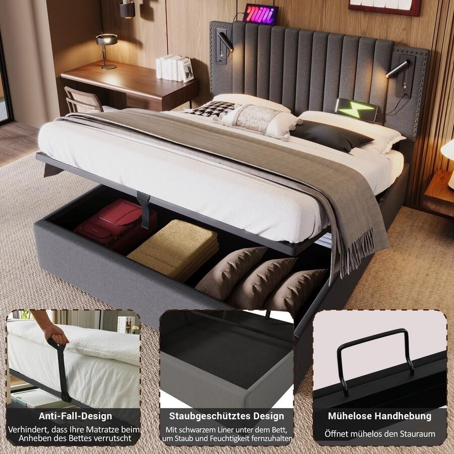 Singularity -Gestoffeerd bed 160x200- tweepersoonsbed- leeslamp met USB-hoofdeinde- rugleuning met klinknageldesign- grijs zonder matras - Foto 2