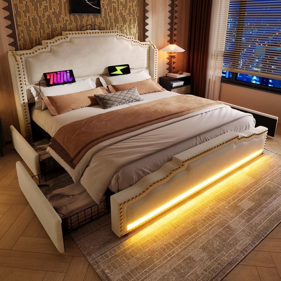 Merax Gestoffeerd bed 140x200cm tweepersoonsbed met 4 lades LED-verlichting en USB-C oplaadpoort met opbergruimte jeugdbed beige geen matras