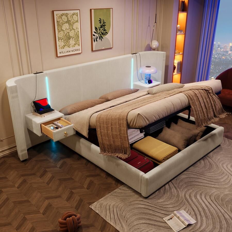 Singularity -Gestoffeerd bed- 180x200cm- met LED-strip- hydraulische opbergruimte- 2 lades- zonder matras- USB + TYPE-C- fluweel- grijs