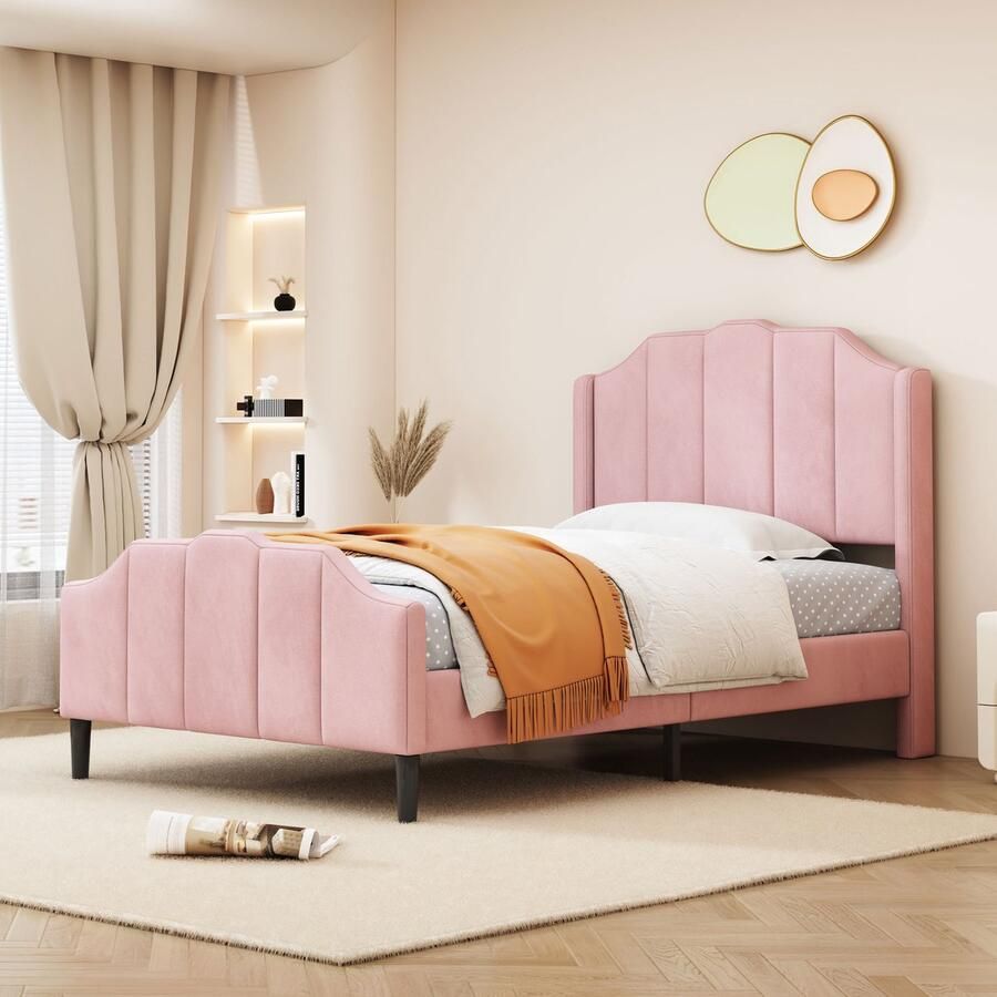 SONNENH Polsterbett-Kinderbett-Jugendbett-Gästebett-90x200 cm-Bettrahmen met kopfdeel voetdeel en lattenrost-Roze samengepolsterd