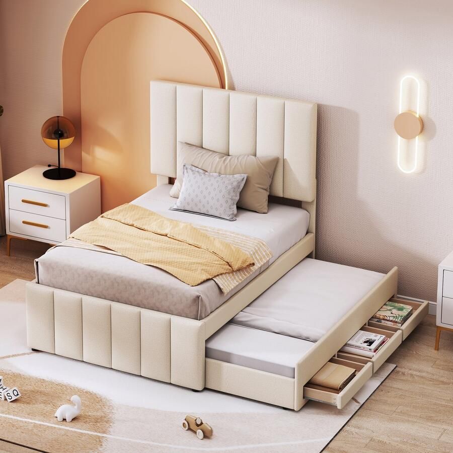 Singularity -Gestoffeerd bed 90 x 200 cm met uitschuifbed en opberglades- vlak eenpersoonsbed- kinderbed- jeugdbed- logeerbed (beige)- zonder matras