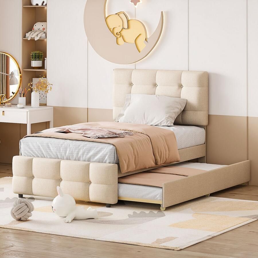 Singularity -Gestoffeerd bed 90 x 200 cm- uitschuifbaar kinderbed- verstelbaar hoofdeinde- eenpersoonsbed- kinderbed- jeugdbed- logeerbed (beige)- zonder matras