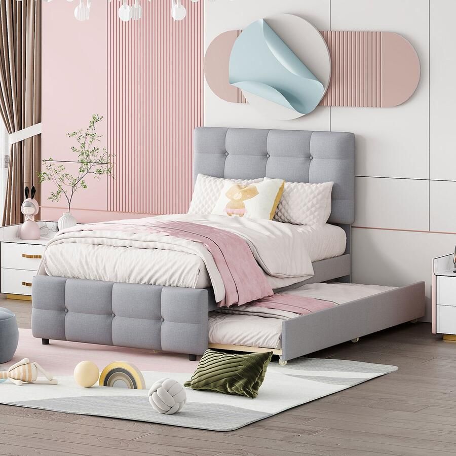 Singularity -Gestoffeerd bed 90 x 200 cm- uitschuifbaar kinderbed- verstelbaar hoofdeinde- eenpersoonsbed- kinderbed- jeugdbed- logeerbed (grijs)- zonder matras