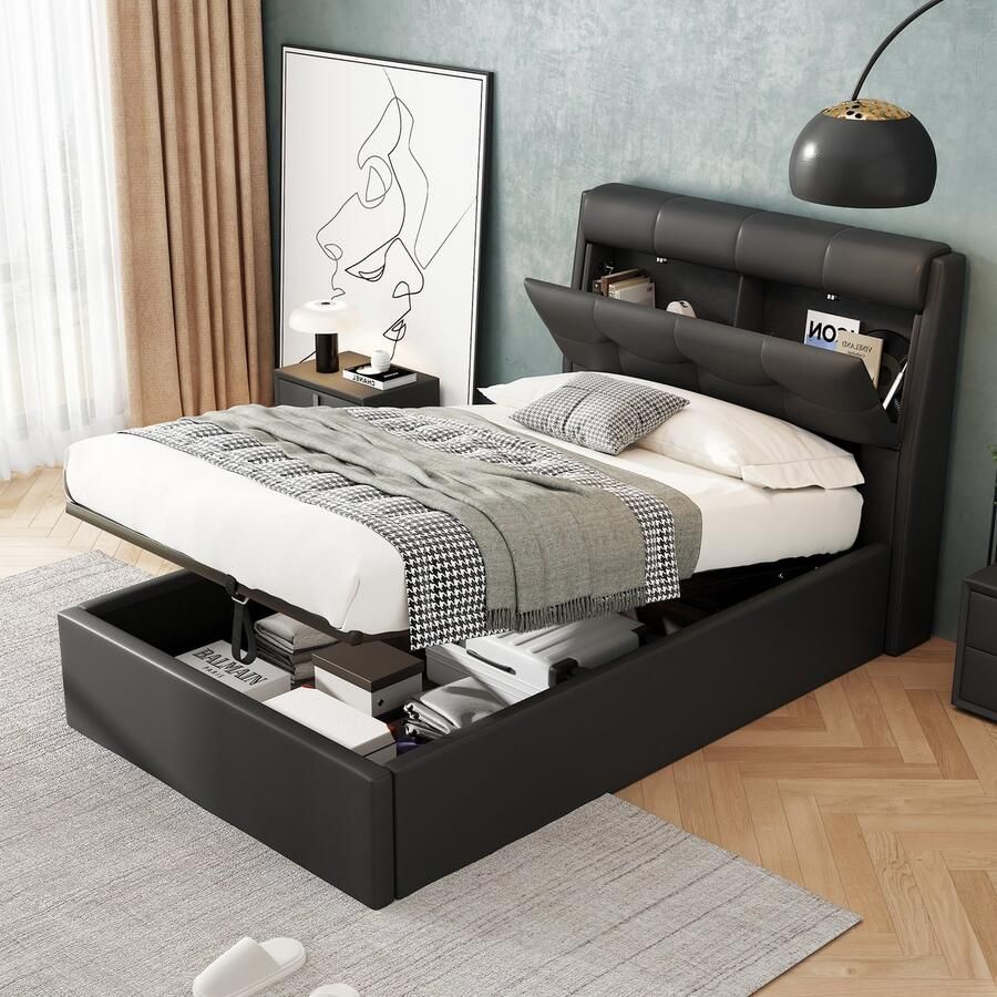Singularity -Gestoffeerd bed- 90 x 200- hydraulisch bed- bedbodemopberging- PU- ​​met lattenbodem en hoofdbord- zonder matras- zwart
