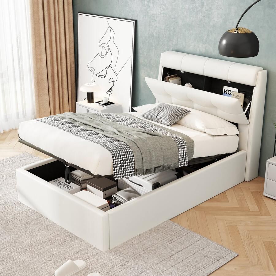 Singularity -Gestoffeerd bed- 90 x 200- hydraulisch bed- bedladeopberging- PU- ​​met lattenbodem en hoofdbord- zonder matras- wit