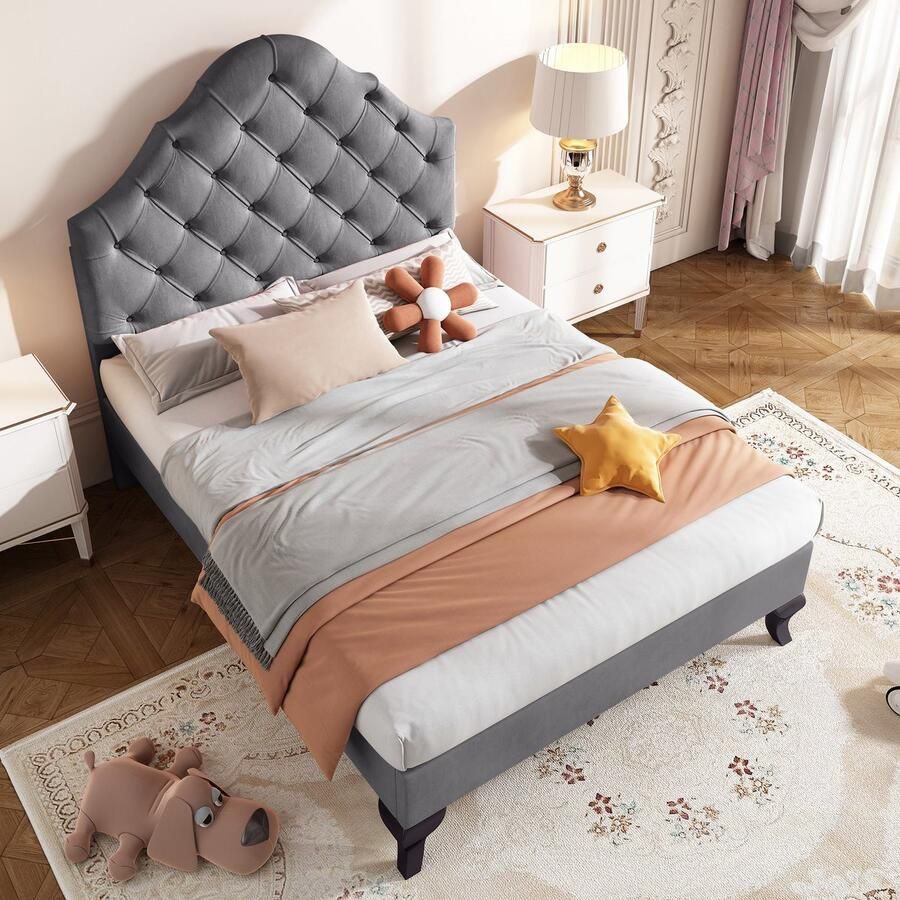 Merax Gestoffeerd bed 90 x 200 cm Eenpersoonsbed Verstelbaar hoofdeinde Zonder matras Grijs