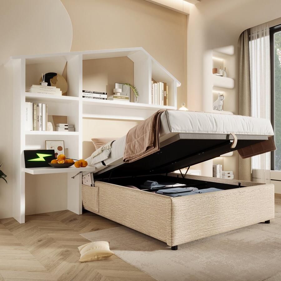 Singularity -Gestoffeerd bed 90x190 cm met witte boekenkast- eenpersoonsbed in natuurlijke kleur met lattenbodem- linnen- zonder matras