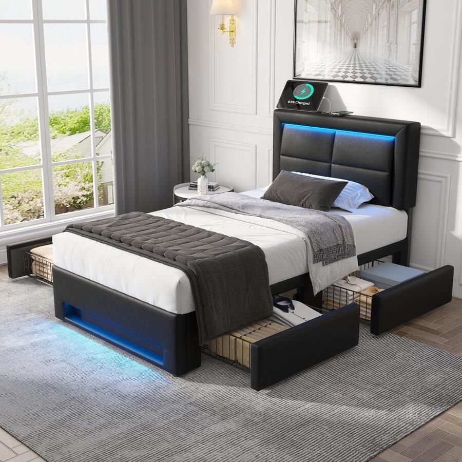 Singularity -Gestoffeerd bed 90x200 cm- met USB-aansluiting- met LED-verlichting en vier lades- zonder matras- PU-lychee-patroon- zwart