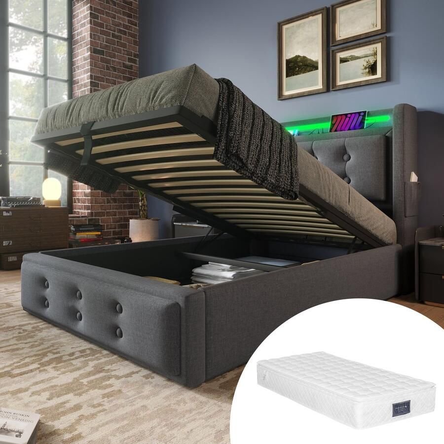 Singularity -Gestoffeerd bed 90x200- eenpersoonsbed met LED-hoofdbord en USB C- hydraulisch bed- grijs- met matras