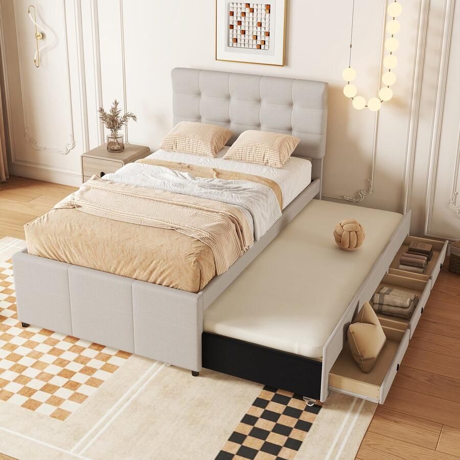 Singularity -Gestoffeerd bed- 90x200cm (90x190cm)- familiebed- bed met drie lades- uitschuifbaar bed. Zonder matras- beige
