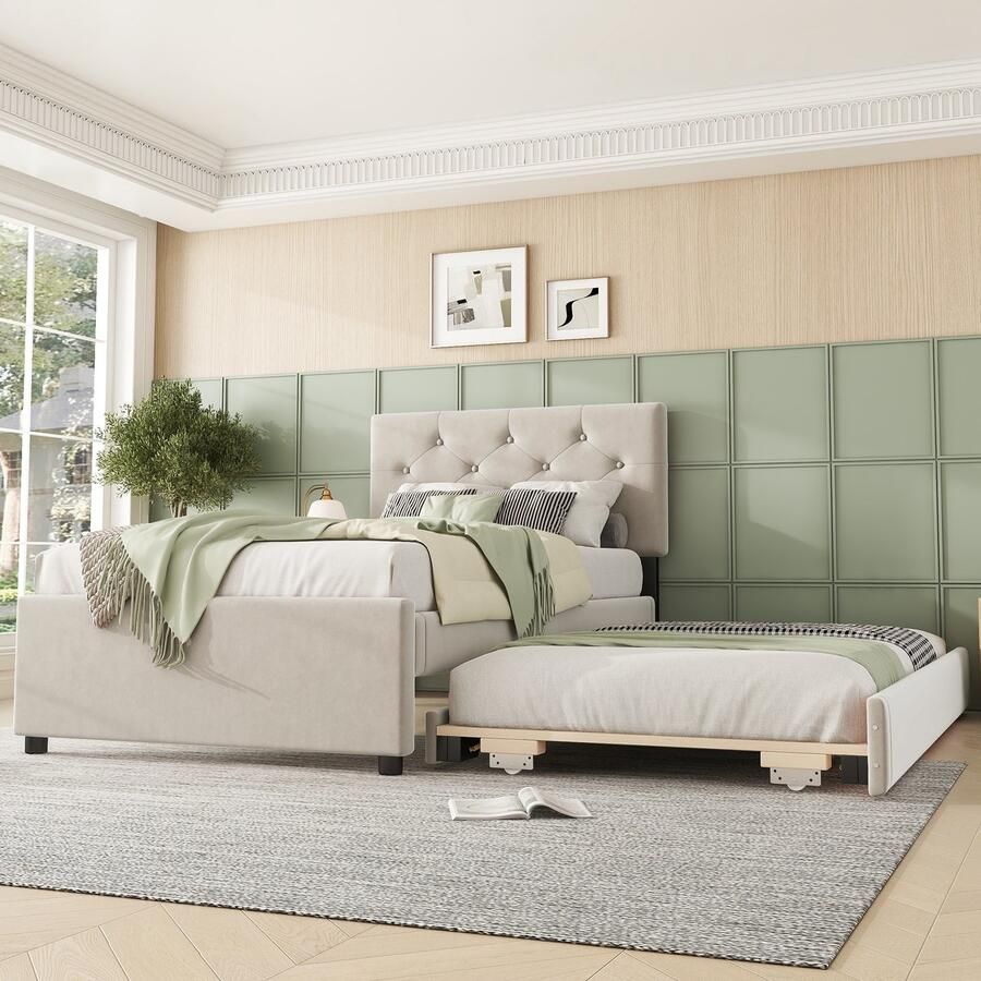 Singularity -Gestoffeerd bed- 90x200cm- bed met lattenbodem (zonder matras)- bed met rolcontainer- fluweel- minimalistisch- beige