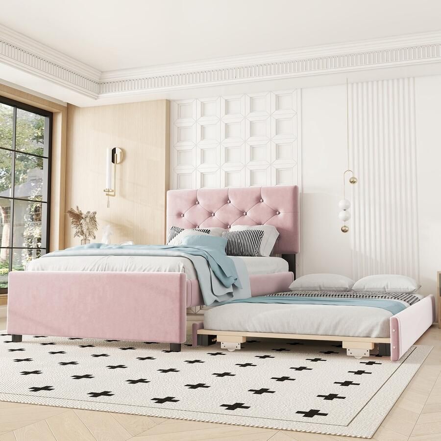 SONNENH Polsterbed 90x200 cm met latwerk zonder matras inclusief onderstelwagentje fluweel minimalistisch roze