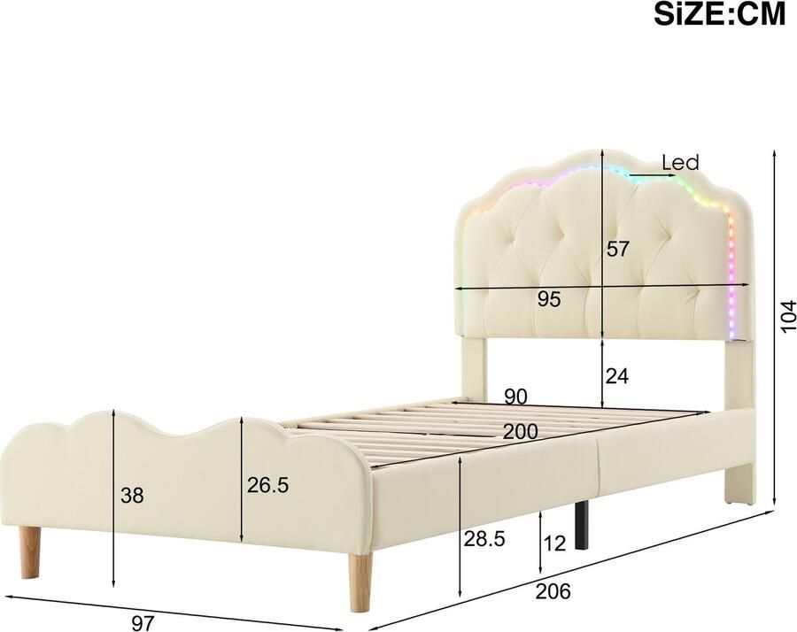 Singularity -Gestoffeerd bed 90x200cm- golfvormig hoofdeinde met trekkoord- met veelkleurig- kinderbed met houten lattenbodem- eenpersoonsbed- PU- ​​wit- zonder matras