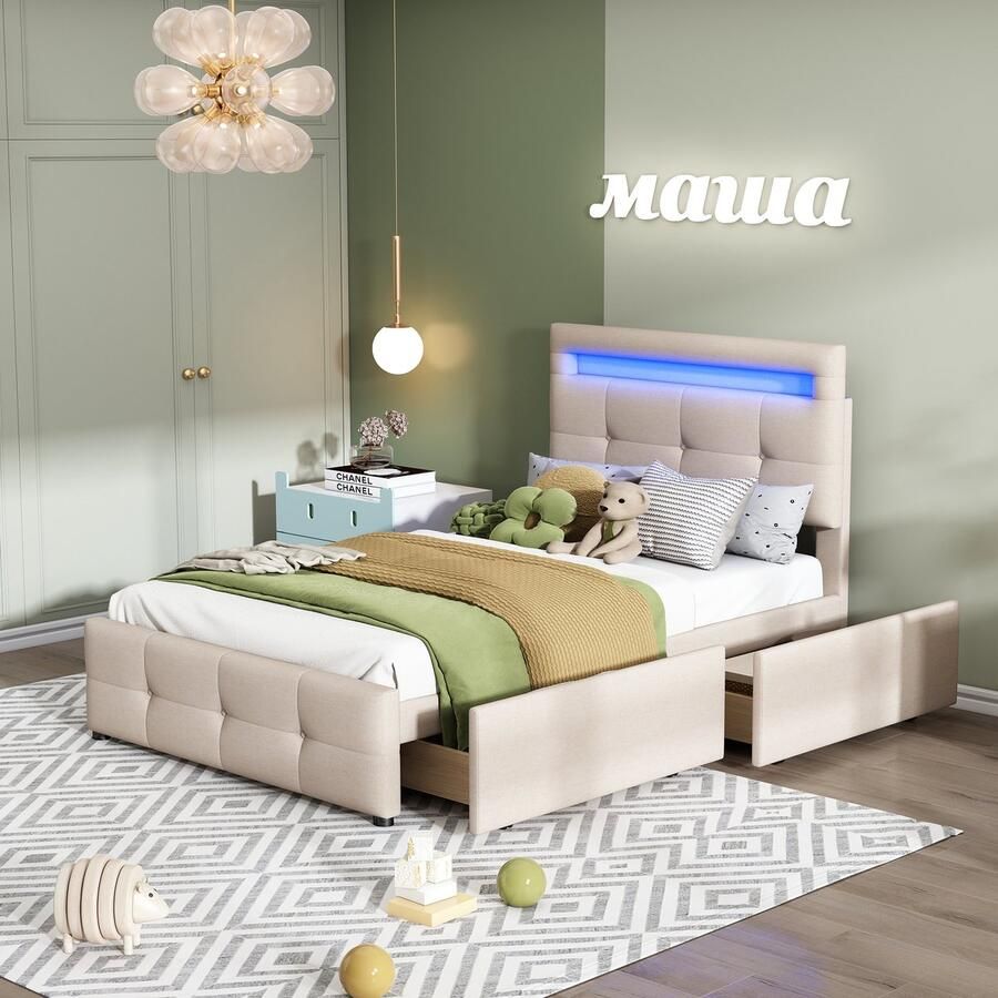 Singularity -Gestoffeerd bed 90x200cm met LED-verlichting- 2 lades- eenpersoonsbed- kinderbed- jeugdbed- logeerbed (beige)- zonder matras