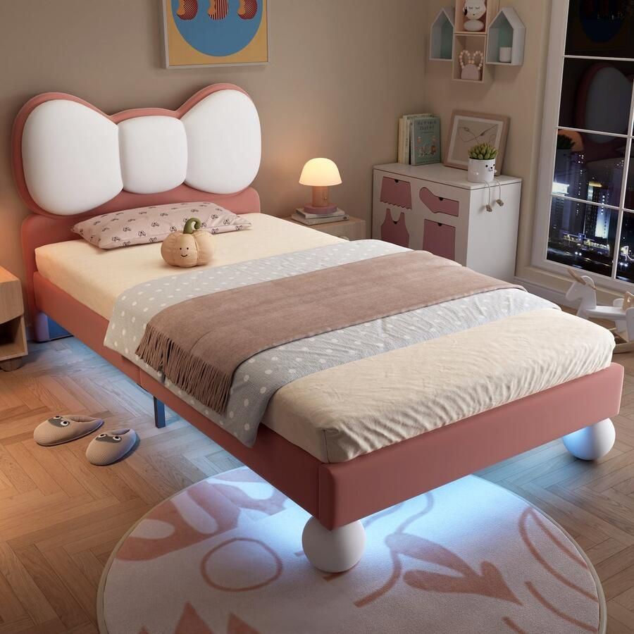 Singularity -Gestoffeerd bed- eenpersoonsbed- kinderbed- hoofdbord in de vorm van een vlinderdas- met ledverlichting en lattenbodem- fluweel- beige + roze- 90x200cm- zonder matras