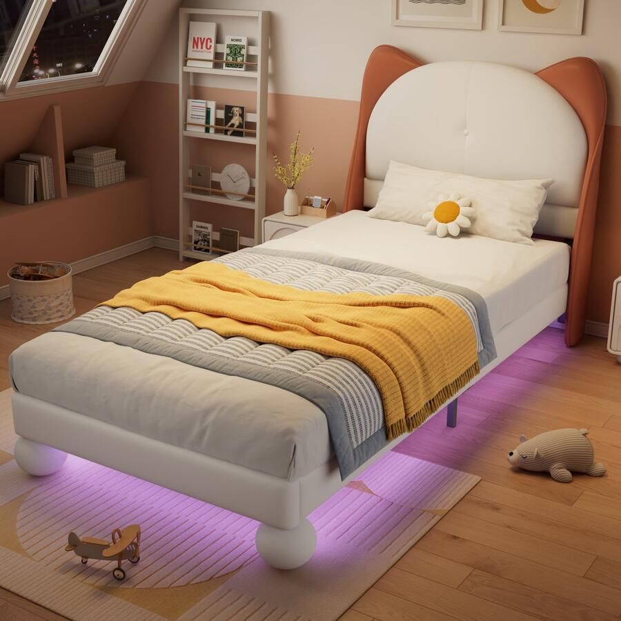 Singularity -Gestoffeerd bed- eenpersoonsbed- kinderbed- kattenoor hoofdbord- LED-lichtstrip- stevige lattenbodem- PU- ​​beige + geelbruin- 90x200cm- zonder matras