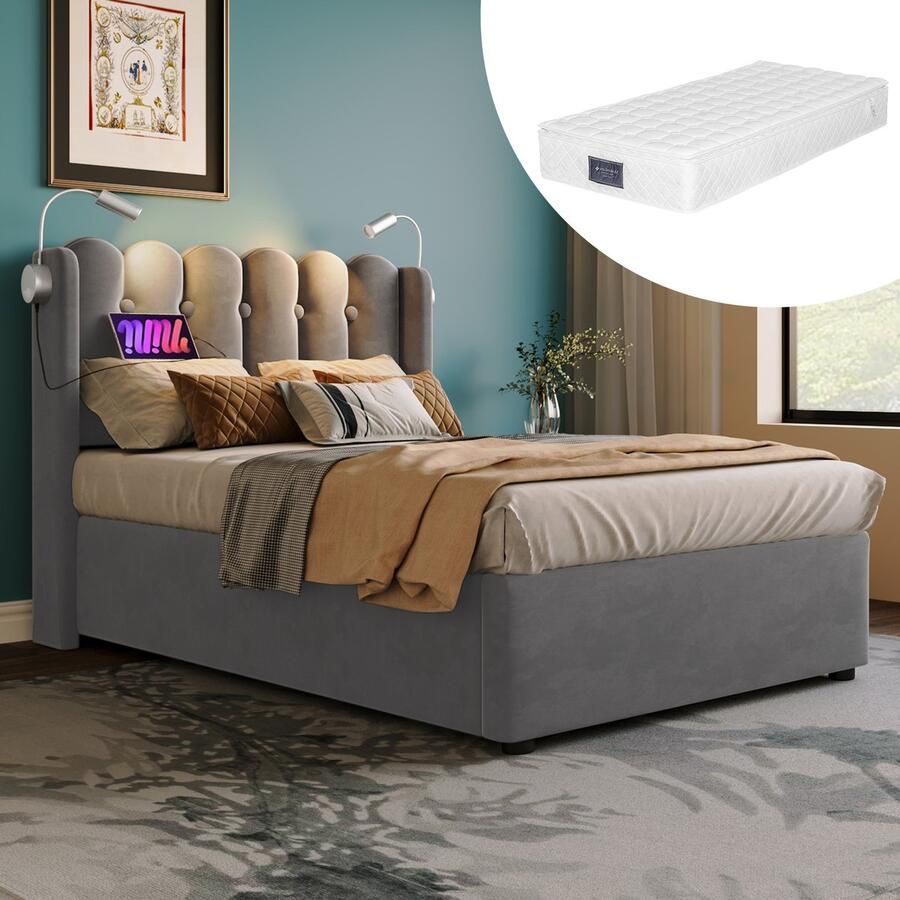 Singularity -Gestoffeerd bed eenpersoonsbed leeslamp met hoofdbord opbergbedframe fluwelen jeugdbed 90x200 met lattenbodem- grijs met matras