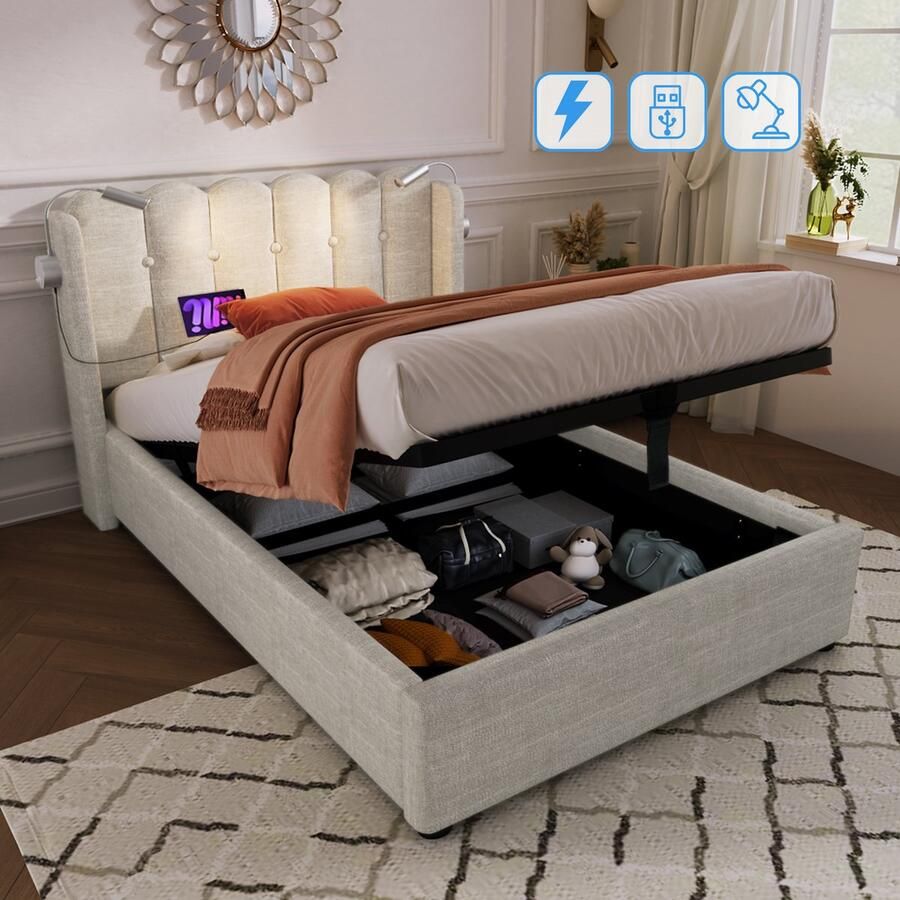 Singularity -Gestoffeerd bed eenpersoonsbed leeslamp met hoofdbord opbergruimte bedframe linnenstof jeugdbed 90x200- naturel zonder matras