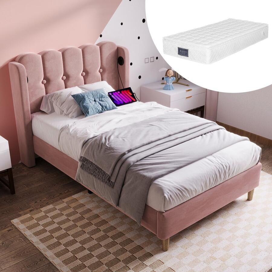 Singularity -Gestoffeerd bed eenpersoonsbed met USB Type C- bedframe met lattenbodem- bed in roze- bedframe 90 x 200 cm jeugdbed met matras