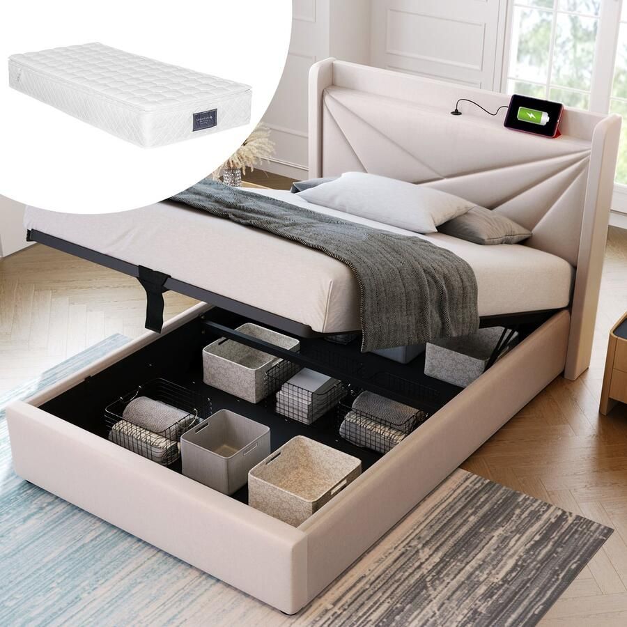Singularity -Gestoffeerd bed eenpersoonsbed met USB Type C hoofdbord- opbergbedden bedframe van linnen materiaal jeugdbed 90x200 met matras