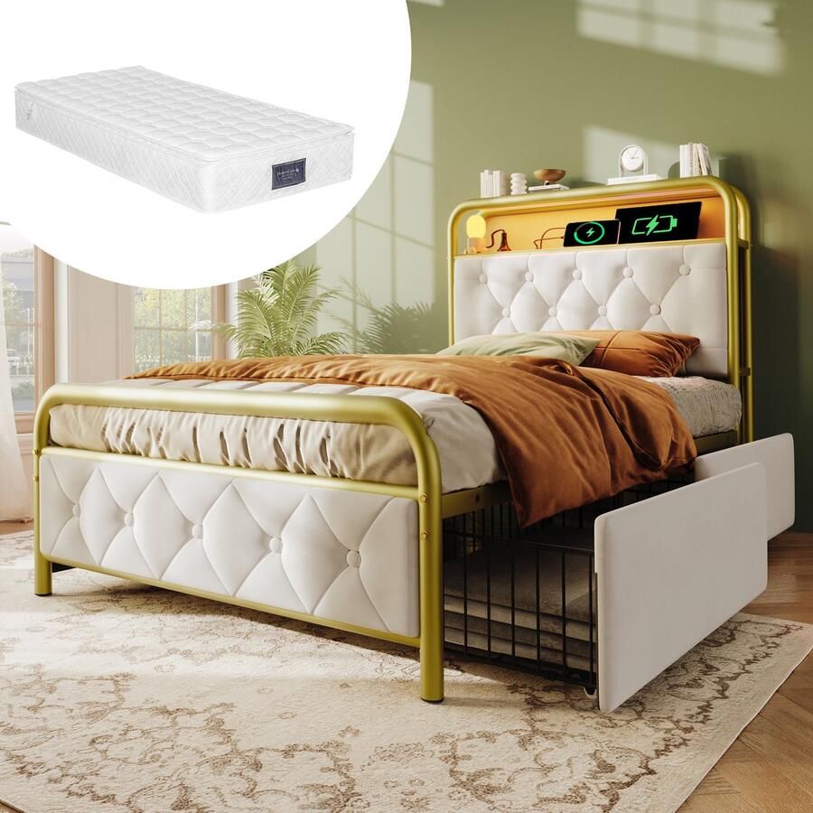 Singularity -Gestoffeerd bed eenpersoonsbed met USB Type C LED bedframe metalen bed 90x200 bedframe en 2 lades- fluweel met matras