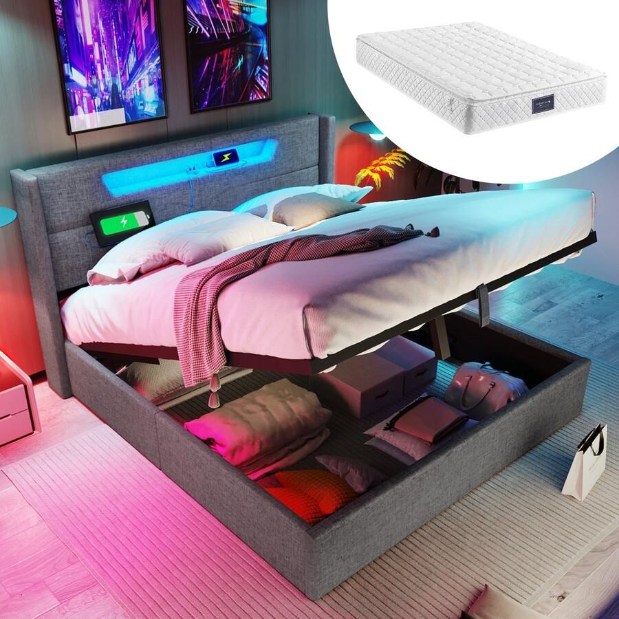 Singularity -Gestoffeerd bed LED tweepersoonsbed met USB Type C en LED- opbergbedden bedframe van linnen materiaal jeugdbed 160x200 met matras