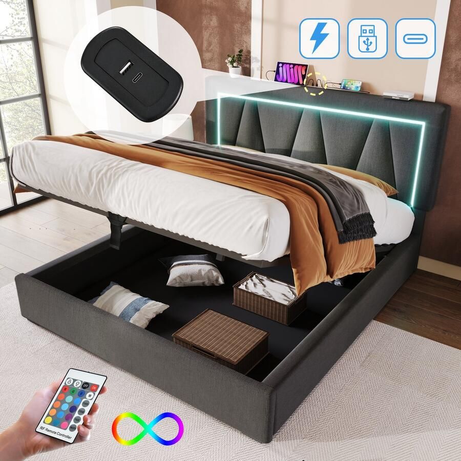 Singularity -Gestoffeerd bed LED tweepersoonsbed met USB Type C en LED- opbergbedden bedframe van linnen materiaal jeugdbed 160x200- zonder matras - Foto 2