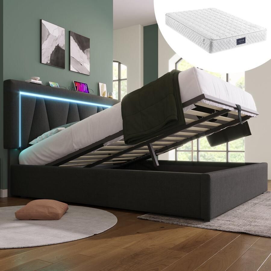 Singularity -Gestoffeerd bed LED tweepersoonsbed met USB Type C en LED- opbergbedden bedframe van linnen materiaal jeugdbed 160x200- met matras - Foto 2