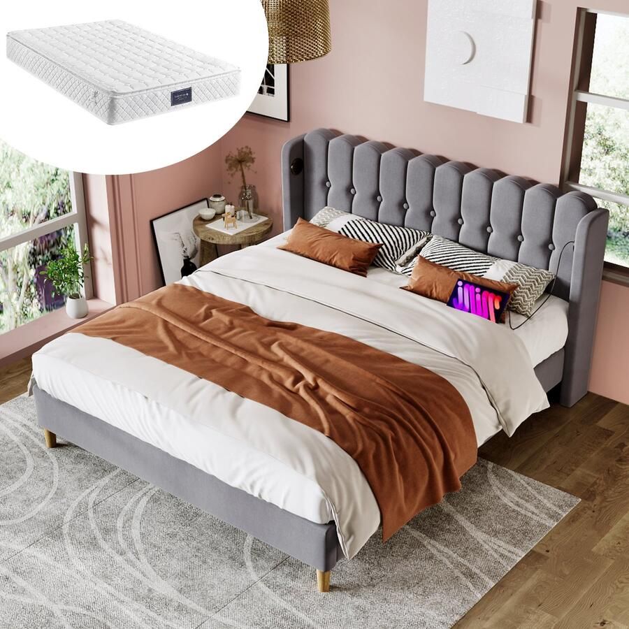 Singularity -Gestoffeerd tweepersoonsbed met USB Type C- bedframe met lattenbodem- bed in grijs- bedframe 160 x 200 cm jeugdbed met matras