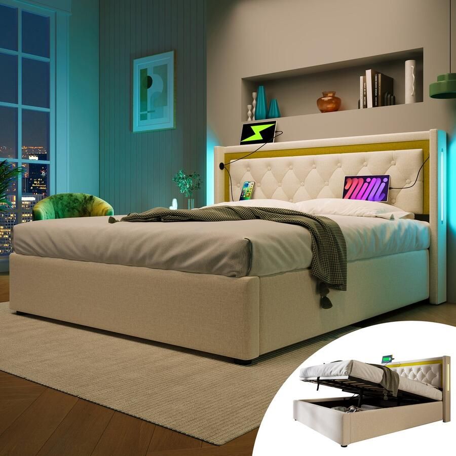 Merax Gestoffeerd bed LED-tweepersoonsbed Opbergbed Box met USB Type C opladen opbergbed 140x200cm zonder matras