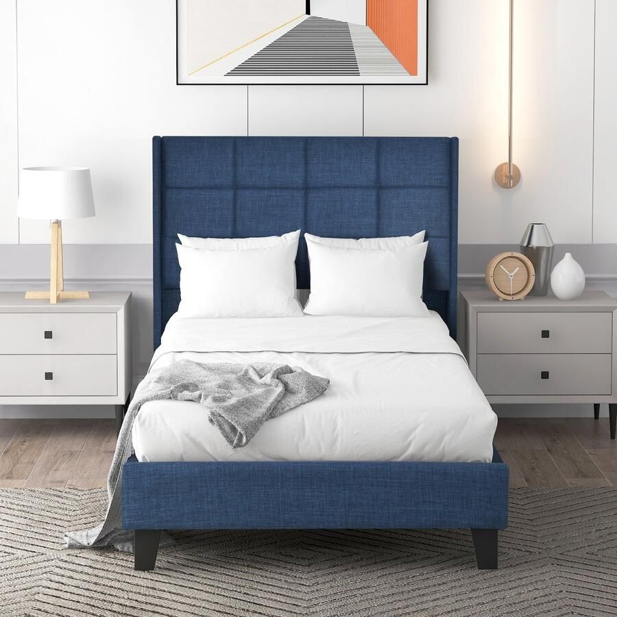 Singularity -Gestoffeerd bed met gestoffeerd hoofdeinde Eenpersoonsbed met lattenbodem- 90x200cm- in blauw linnen- medium stevig Met springverenmatras - Foto 2