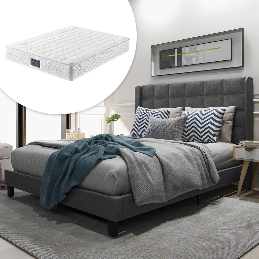 Singularity -Gestoffeerd bed met gestoffeerd hoofdeinde Tweepersoonsbed met lattenbodem- 140x200cm- in blauw linnen- medium stevig Met springverenmatras