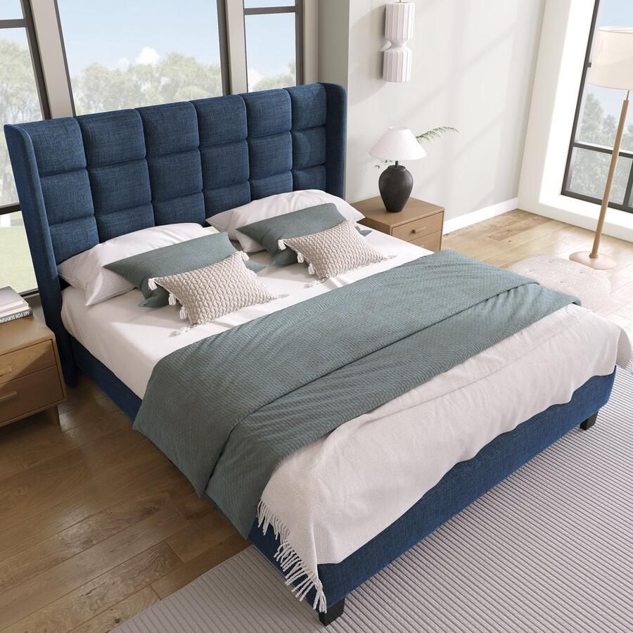 Singularity -Gestoffeerd bed met hoofdeinde Tweepersoonsbed met lattenbodem- 140x200cm- in grijs linnen- medium stevig Met springverenmatras