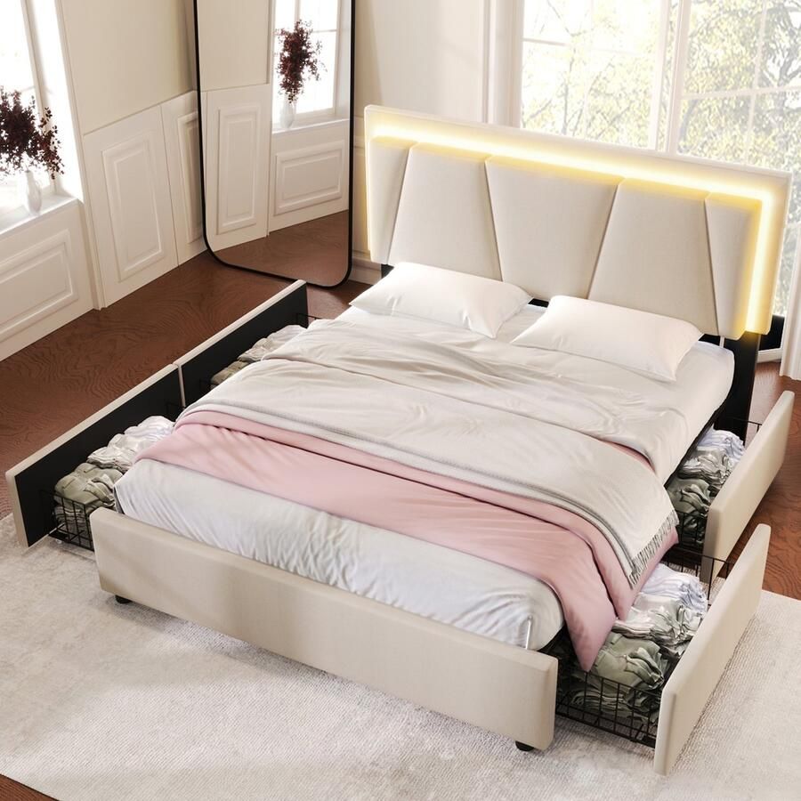 Merax Gestoffeerd bed met LED-verlichting en 4 lades Verstelbaar hoofdeinde Tweepersoonsbed 140x200cm Opbergbed Beige Zonder matras