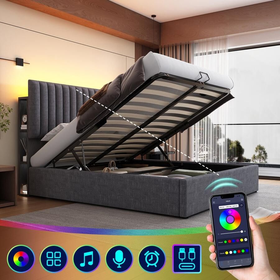 Singularity -Gestoffeerd bed met opbergruimte- tweepersoonsbed- LED-bed met USB Type C- opbergruimte en verstelbaar hoofdeinde- 160x200cm grijs zonder matras