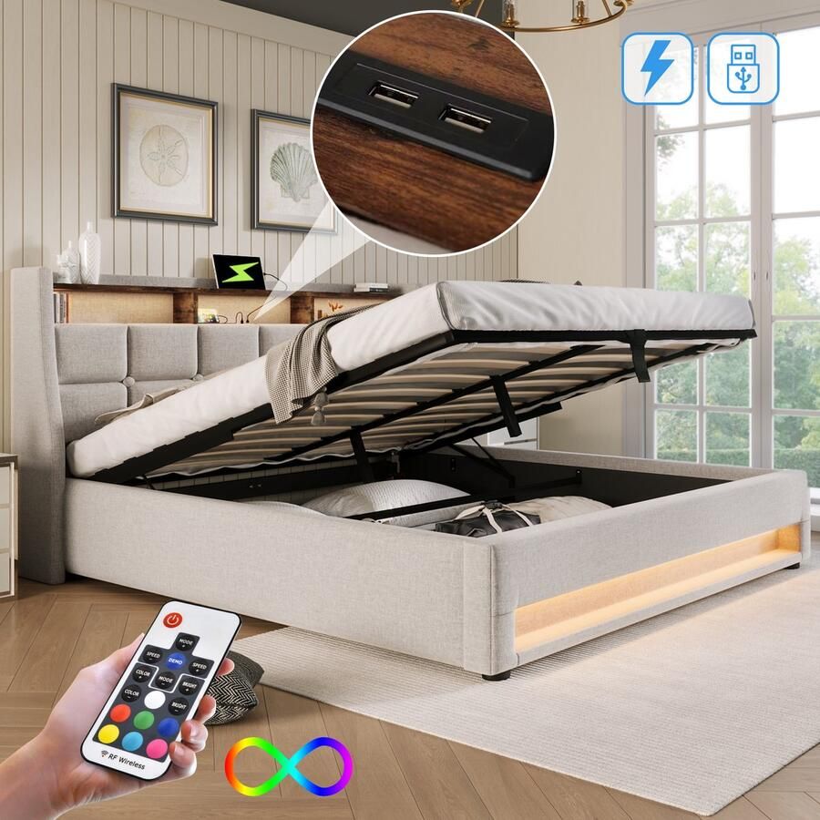 Singularity -Gestoffeerd bed met USB 180x200cm- LED tweepersoonsbed van metalen frame- bedframe van linnen materiaal jeugdbed zonder matras