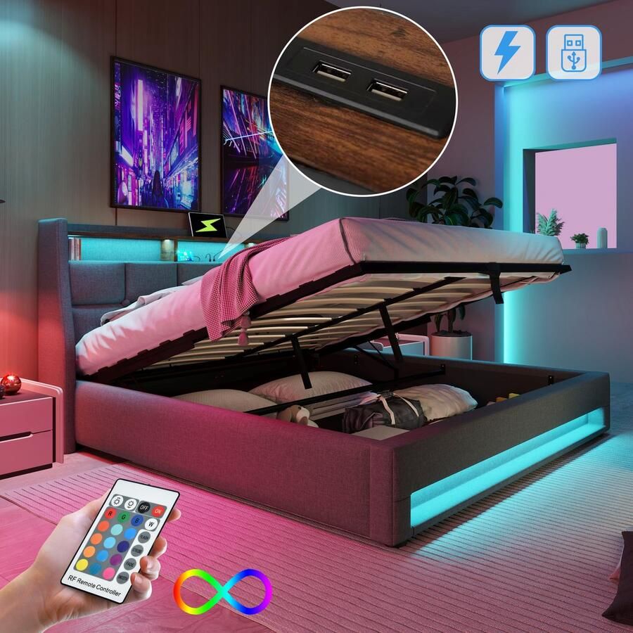 Singularity -Gestoffeerd bed met USB 160x200cm- LED tweepersoonsbed van metalen frame- bedframe van linnen materiaal jeugdbed zonder matras - Foto 2