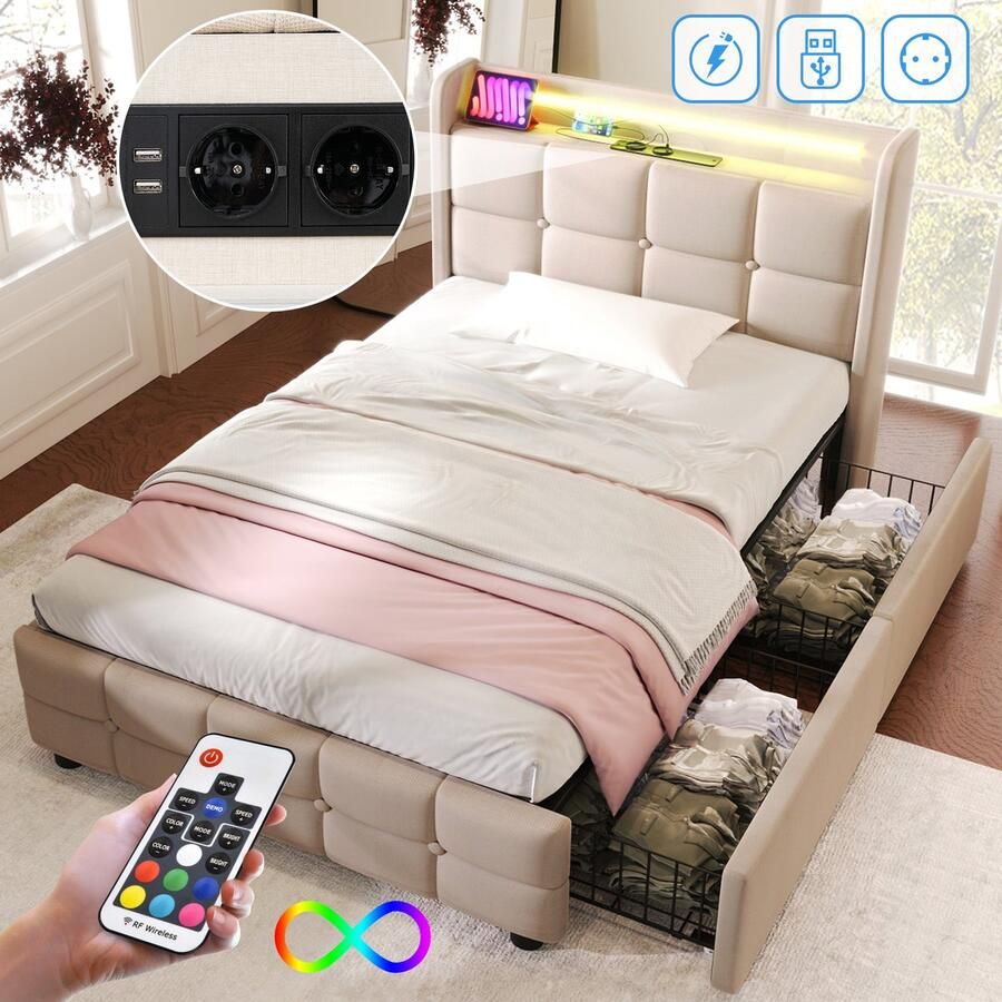 Singularity -Gestoffeerd bed met USB-hoofdbord en LED en 2 lades- eenpersoonsbed 90x200cm opbergbedden bedframe- beige zonder matras
