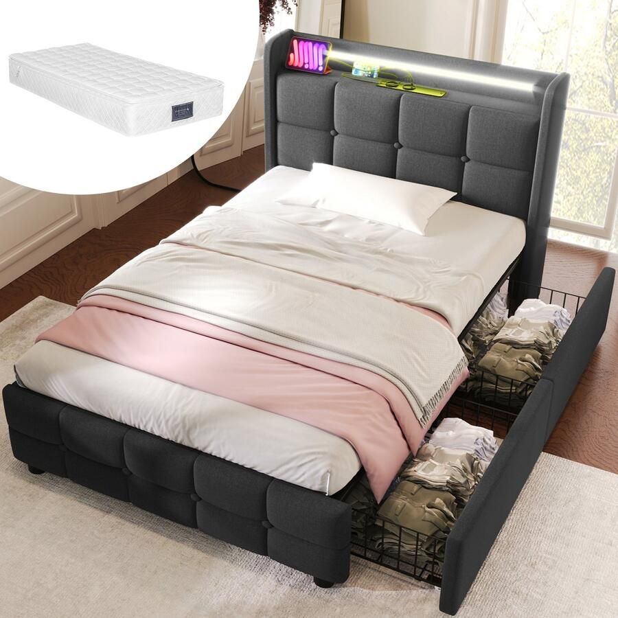 Singularity -Gestoffeerd bed met USB-hoofdbord en LED en 2 lades- eenpersoonsbed 90x200cm opbergbedden bedframe- grijs met matras
